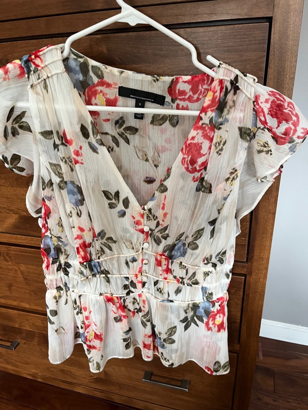 White House Black Market Ivory Floral Peplum Blouse with Red and Blue Blooms